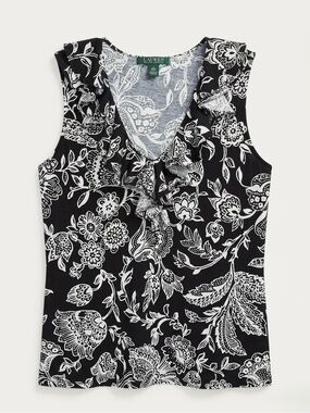 Ralph Lauren Black & White Floral Ruffle V-Neck Sleeveless Top Bohemian Romantic